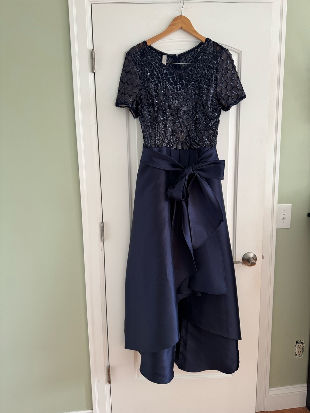 Navy Sequin & Satin Ribbon Tie Dress